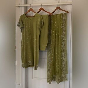 Elegant Olive Green Embroidered shalwar kameez